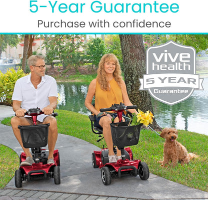 Vive 4 Wheel Mobility Scooter - Electric Powered Wheelchair Device - Compact Heavy Duty Mobile for Travel, Adults, Elderly - Long Range Power Extended Battery with Charger & Basket