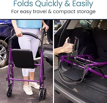 Vive Mobility Steel Rollator Walker with Seat - Foldable, Narrow, Rolling Senior Walker for Small Spaces - 4 Wheel Lightweight Adult Easy Drive with Underseat Storage, Adjustable Height (Purple)