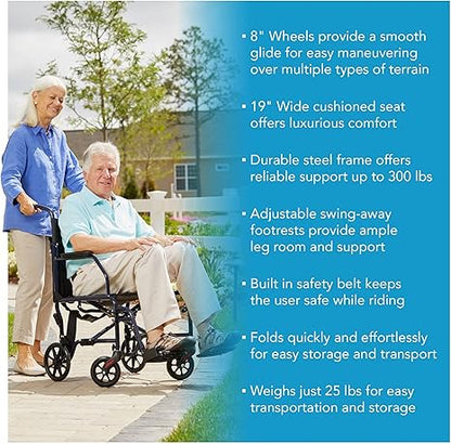 Wheelchair With 19 inch Seat, Folding Transport Chair with Foot Rests, Foldable Lightweight Wheelchair Foldable for Storage and Travel