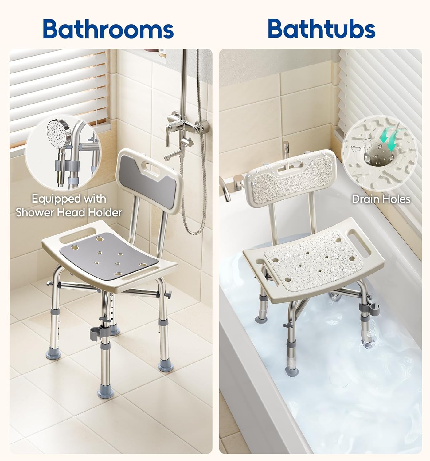 hower Chair with Back for Elderly and Disabled, Shower Seat Bench Stool, Adjustable Height, 350 lbs Capacity