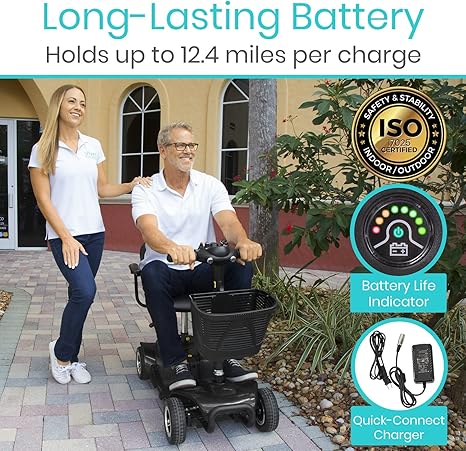 Vive 4 Wheel Mobility Scooter - Electric Powered Wheelchair Device - Compact Heavy Duty Mobile for Travel, Adults, Elderly - Long Range Power Extended Battery with Charger & Basket BLACK