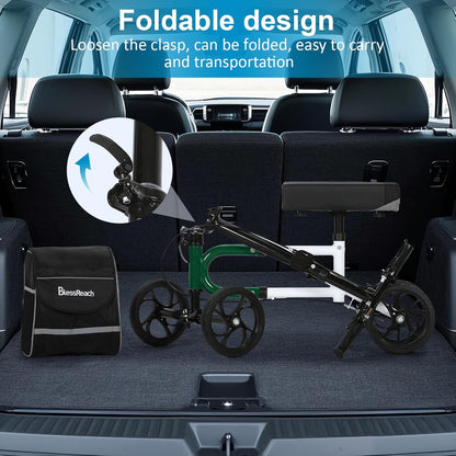 Knee Scooter Steerable Knee Walker for Foot Injuries Compact Crutch Alternative with Dual Braking System (Green)