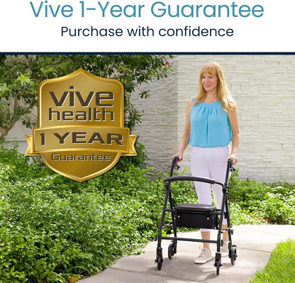 Vive Mobility Steel Rollator Walker with Seat - Foldable, Narrow, Rolling Senior Walker for Small Spaces - 4 Wheel Lightweight Adult Easy Drive with Underseat Storage, Adjustable Height (Black)