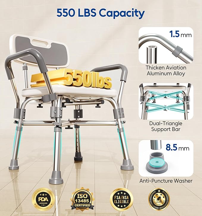 Shower Chair with Arms and Back, 550lbs Heavy Duty, Height Adjustable,- Bathtub Shower Seat Bench Stool for Inside Shower for Elderly & Disabled, Rectangular