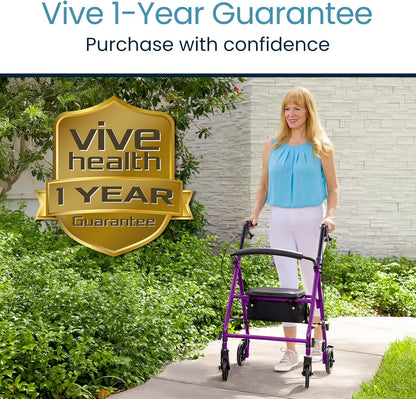 Vive Mobility Steel Rollator Walker with Seat - Foldable, Narrow, Rolling Senior Walker for Small Spaces - 4 Wheel Lightweight Adult Easy Drive with Underseat Storage, Adjustable Height (Purple)