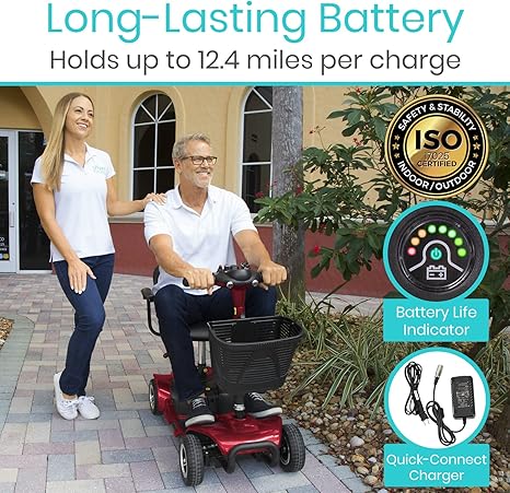 Vive 4 Wheel Mobility Scooter - Electric Powered Wheelchair Device - Compact Heavy Duty Mobile for Travel, Adults, Elderly - Long Range Power Extended Battery with Charger & Basket