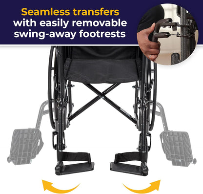 Folding Transport Wheelchair with Full Arms and Removable Swing-Away Footrest, Black