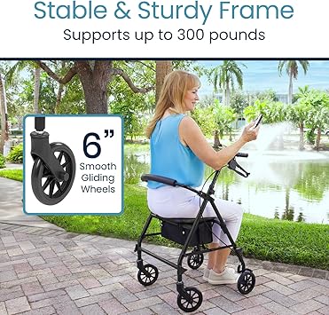 Vive Mobility Steel Rollator Walker with Seat - Foldable, Narrow, Rolling Senior Walker for Small Spaces - 4 Wheel Lightweight Adult Easy Drive with Underseat Storage, Adjustable Height (Black)