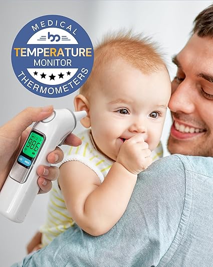 Ear Thermometer, Highly Accurate Ear Thermometer for Kids, Adults and Babies, 30 Memory Recall, 1s Result and 3-Color Fever Alert, with 24 Disposable Probe Covers, White