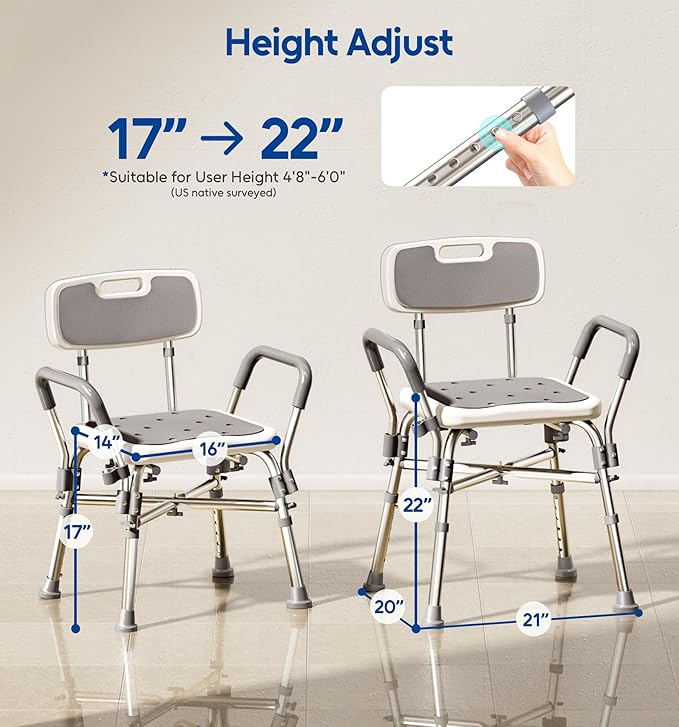 Shower Chair with Arms and Back, 550lbs Heavy Duty, Height Adjustable,- Bathtub Shower Seat Bench Stool for Inside Shower for Elderly & Disabled, Rectangular