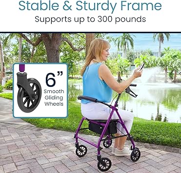 Vive Mobility Steel Rollator Walker with Seat - Foldable, Narrow, Rolling Senior Walker for Small Spaces - 4 Wheel Lightweight Adult Easy Drive with Underseat Storage, Adjustable Height (Purple)