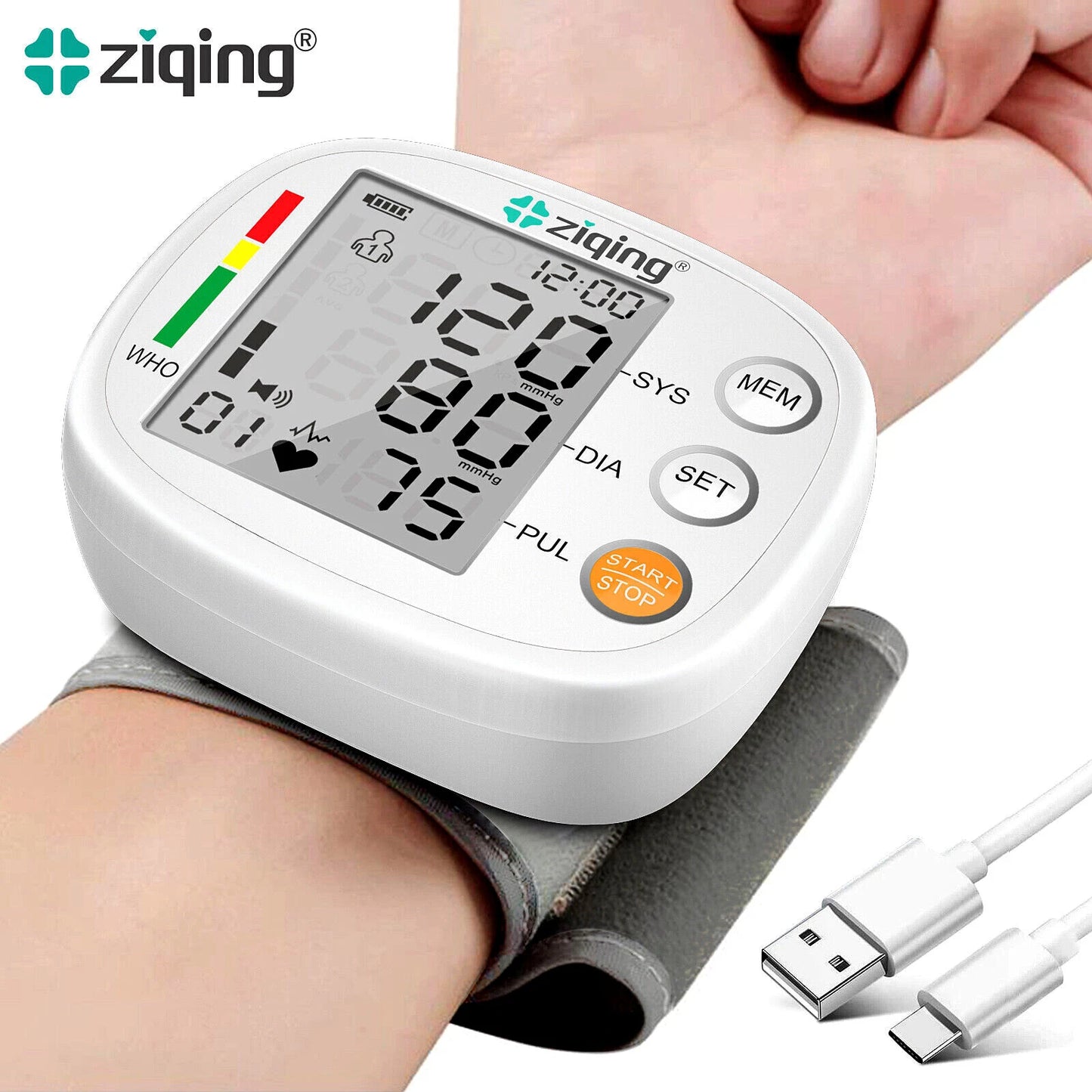 Digital Wrist Blood Pressure Monitor Automatic BP Cuff Heart Rate Machine