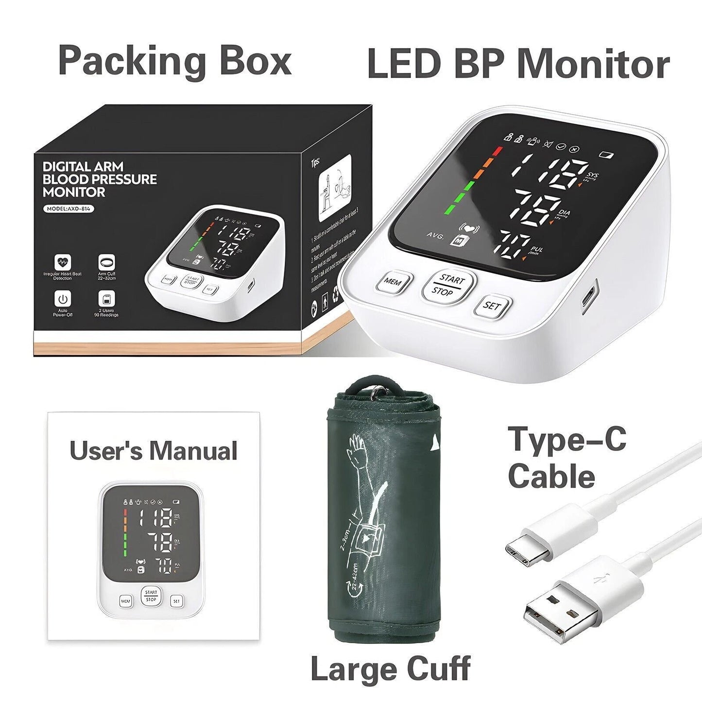 LED Digital Blood Pressure Monitor Upper Arm Heart Rate Monitor & BP Large Cuff