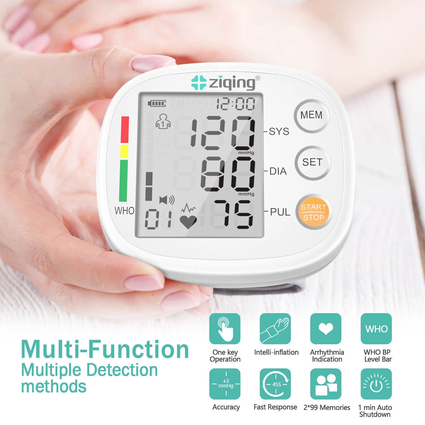 Digital Wrist Blood Pressure Monitor Automatic BP Cuff Heart Rate Machine