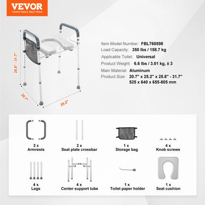 Raised Toilet Seat 19.3"-25.2" 350 lbs Universal Toilet Riser for Elderly