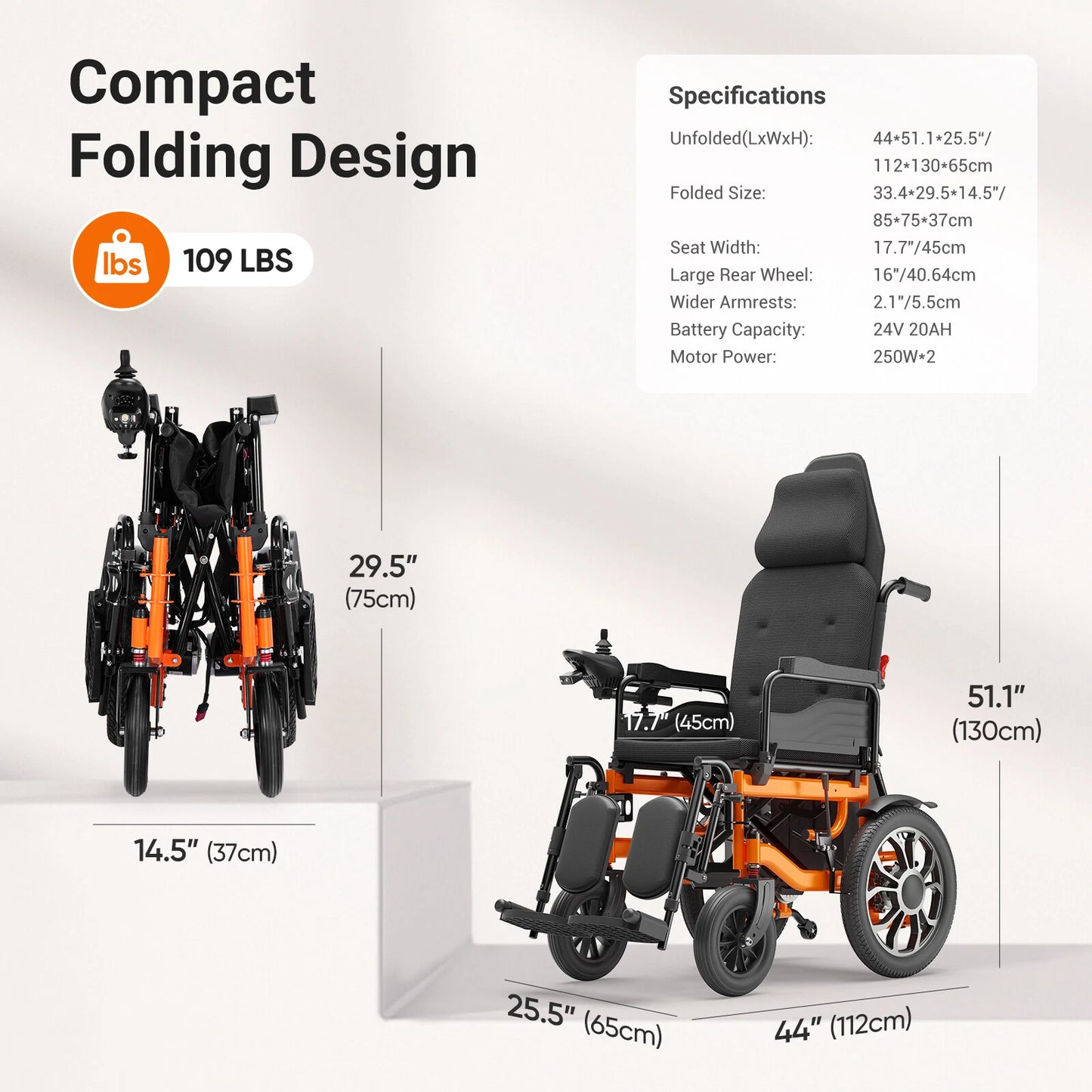 Electric Wheelchair Adults Reclining Foldable Lightweight Mobility Aid Motorized